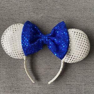 Custom White Sequin with Blue Bow Minnie Ears